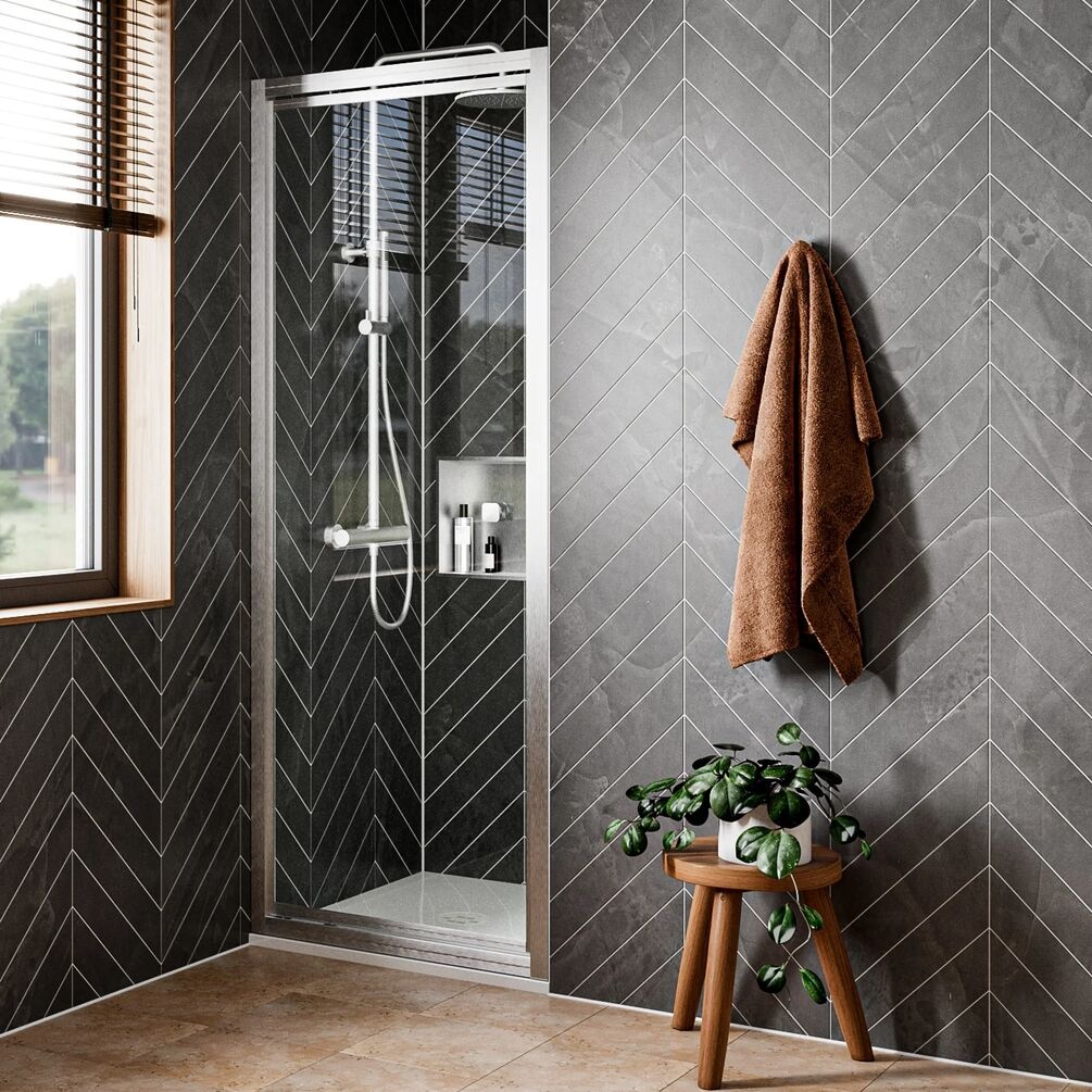 Lifestyle image of Crosswater Clear 6 Brushed Stainless Steel 800mm Pivot Shower Door